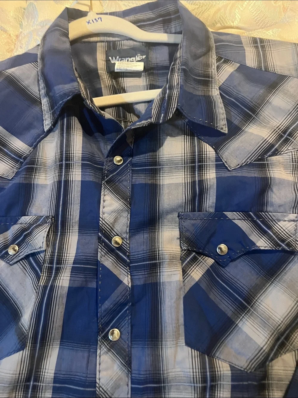 Wrangler Blue and White Plaid Button-Down Shirt